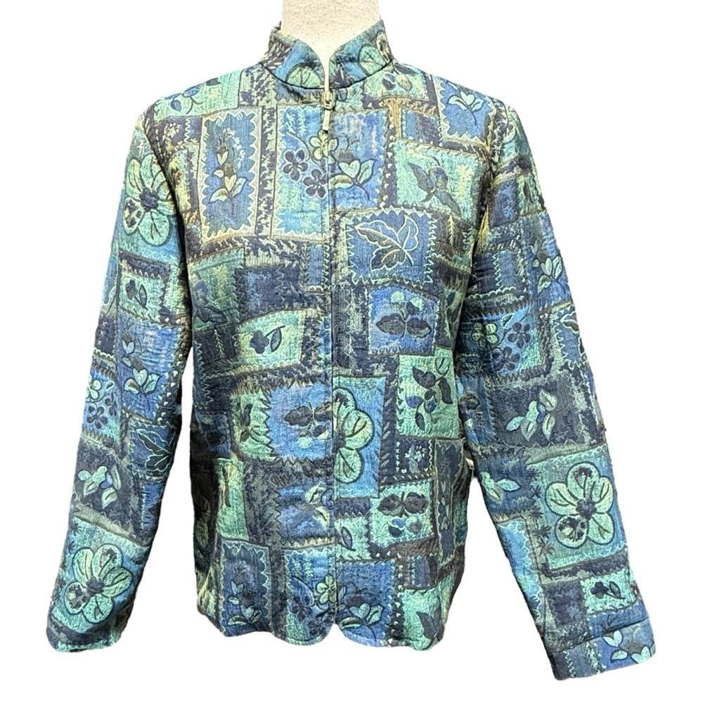 Coldwater Creek Patchwork Floral Quilted Zip Jacket Size 8 Medium Teal Artsy